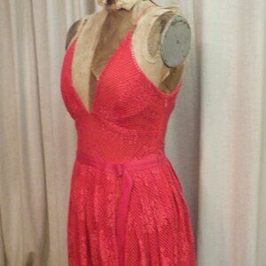 Spaghetti Straps Lace Dress in a Red Orange Color with Low V-Neck Summer Dress S